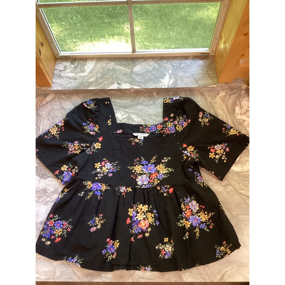 American Eagle Floral Babydoll Top Black Square Neck Puff Sleeve Cotton Linen S